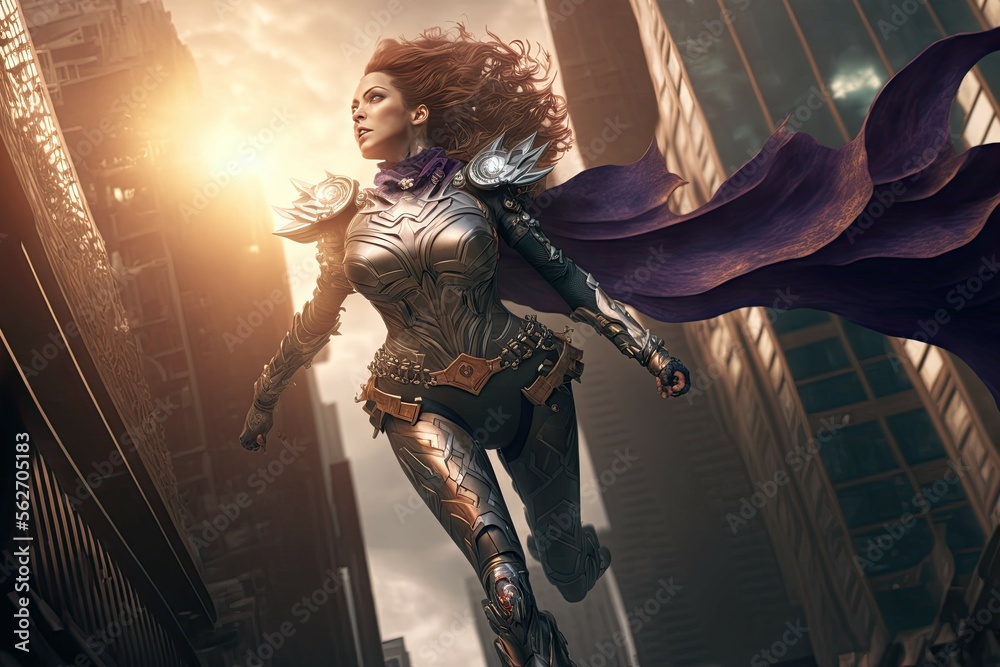beautiful female superhero with cape roaming the city, superhero