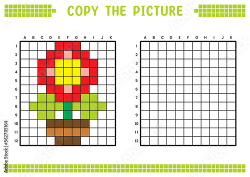 Copy the picture, complete the grid image. Educational worksheets drawing with squares, coloring cell areas. Children's preschool activities. Cartoon vector, pixel art. Flowers and pots illustration.