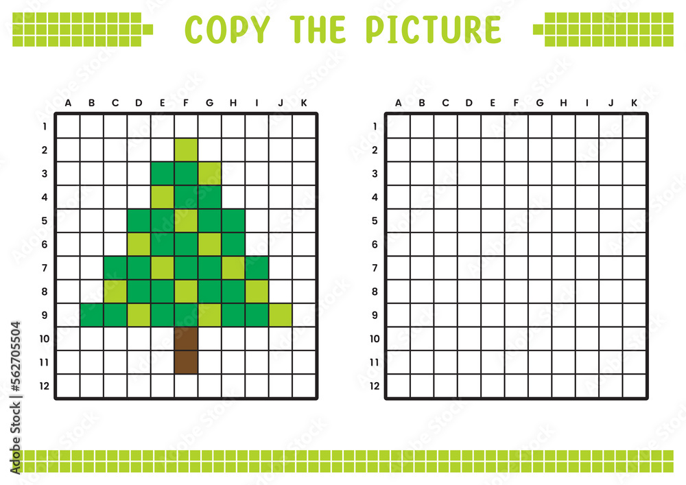 Fototapeta premium Copy the picture, complete the grid image. Educational worksheets drawing with squares, coloring cell areas. Children's preschool activities. Cartoon vector, pixel art. Fir tree illustration.