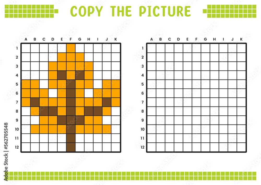 Fototapeta premium Copy the picture, complete the grid image. Educational worksheets drawing with squares, coloring cell areas. Children's preschool activities. Cartoon vector, pixel art. Autumn leaves illustration.