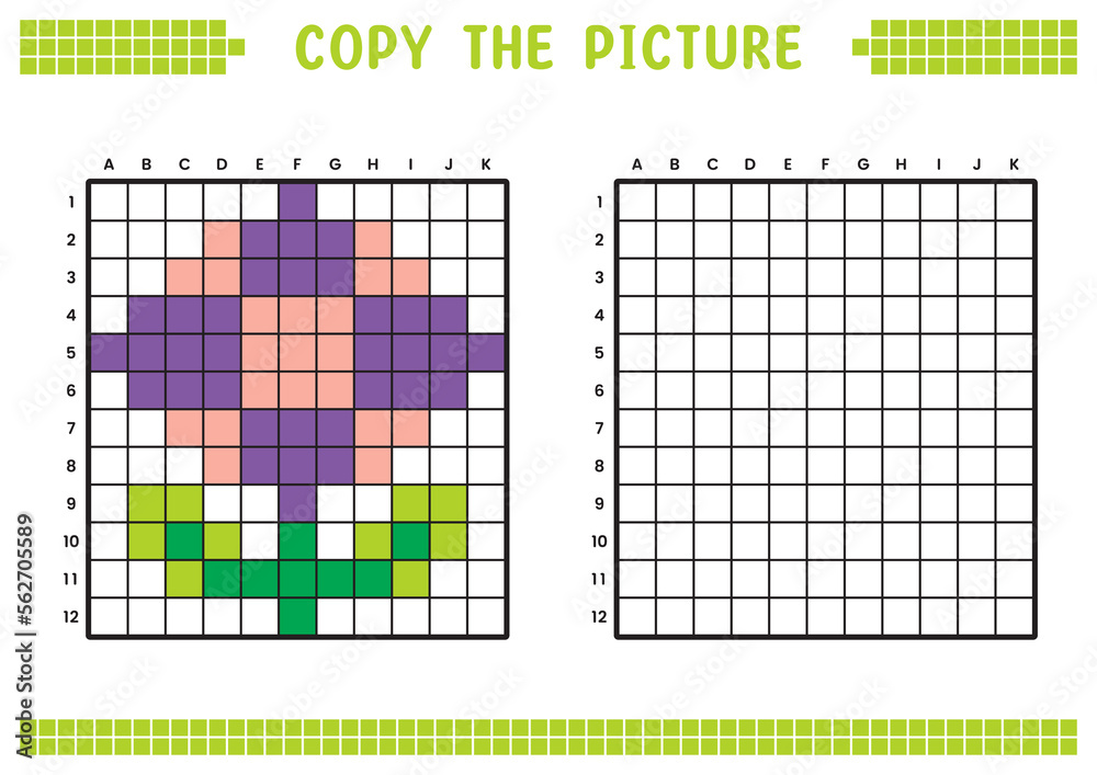 Fototapeta premium Copy the picture, complete the grid image. Educational worksheets drawing with squares, coloring cell areas. Children's preschool activities. Cartoon vector, pixel art. Flower plant illustration.