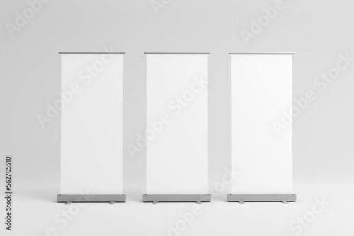Set of blank roll-up, pop-up or pull-up banner stands. 3d render