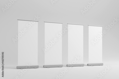 Set of blank roll-up, pop-up or pull-up banner stands. 3d render