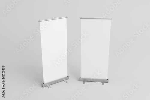 Blank white roll-up banner front and side set display mockup, isolated, 3d rendering