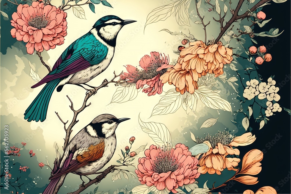  two birds sitting on a branch with flowers and leaves around them on a blue background with a white background with a yellow border and a pink flower border with a blue with a bird. Generative AI