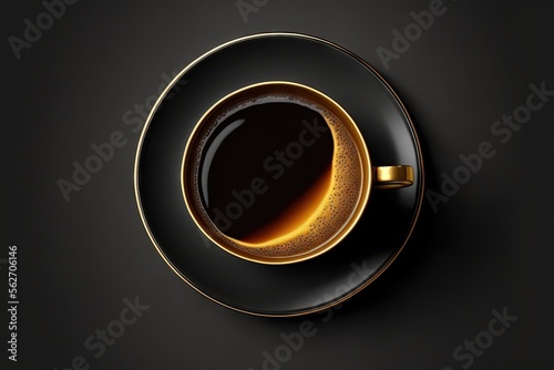  a cup of coffee on a saucer with a gold rim on a black background, top view, 3d rendering, illustration, realistic, realistic, realistic, realistic, realistic, realistic. Generative AI