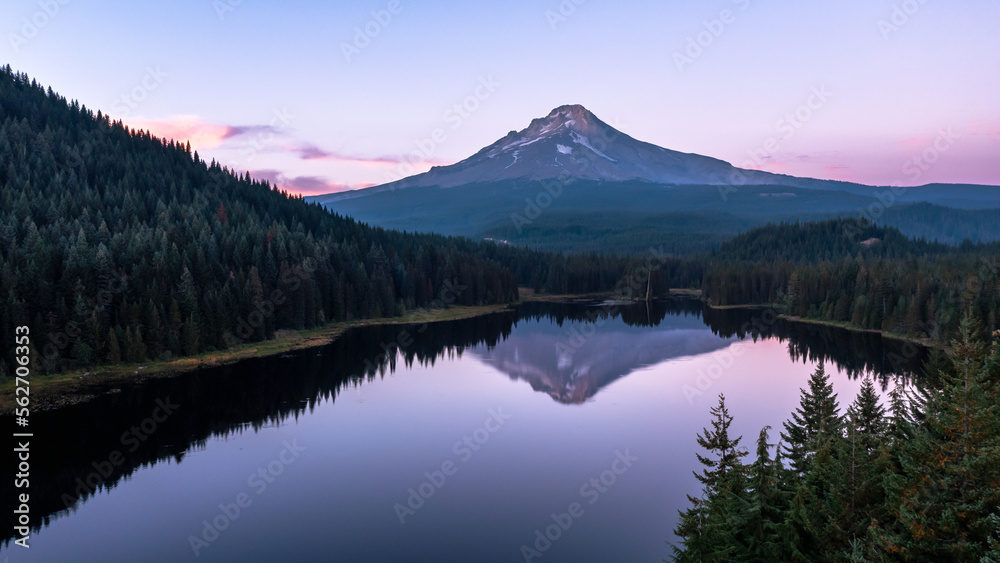 Drone picture of Mount Hood reflected in Trillium Lake at sunset in Oregon's Mt Hood National Forest