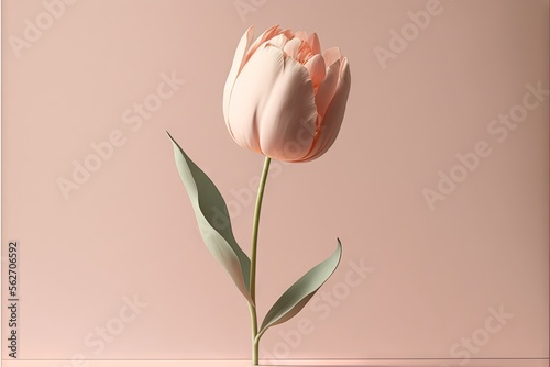  a single pink flower is in a vase on a table with a pink background and a green stem is in the foreground of the picture, and a pink wall is behind. Generative AI photo