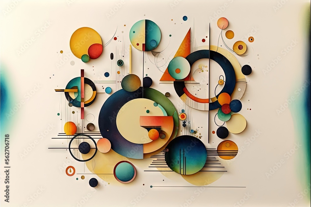 a painting of a number of different shapes and sizes of circles and circles on a white background with a blue and yellow border around the edges of the image is a white background. Generative AI a painting of a number of different shapes and sizes of circles and circles on a white background with a blue and yellow border around the edges of the image is a white background. Generative AI