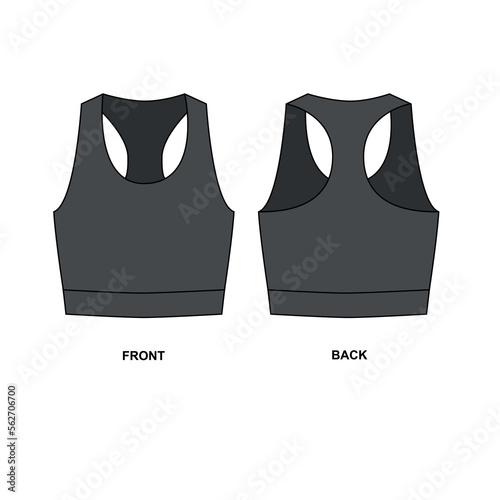 Women's sports cropped top vector template for design. Technical drawing of a gray sports jersey. Sketch sports bra for swimming, diving, fitness, running, yoga, etc. 