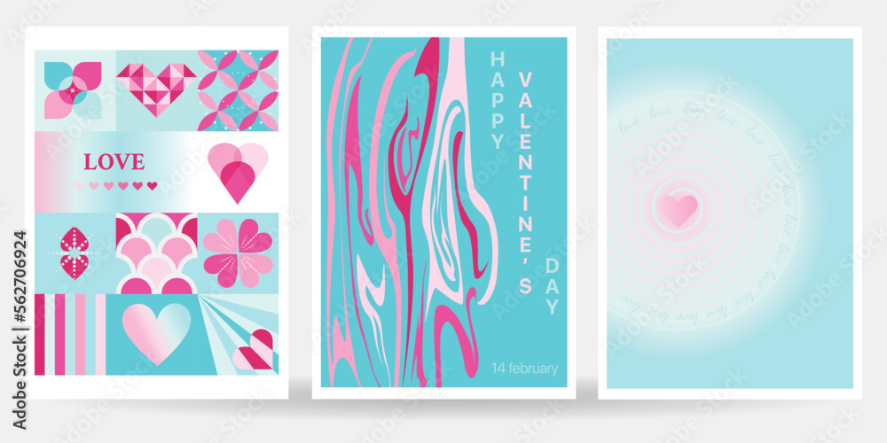 Set of vector illustrations. Happy Valentine's day. Useful for web, greeting cards, event invitation, discount voucher, advertising, cover, flyer, poster, prints. Simple modern geometric design