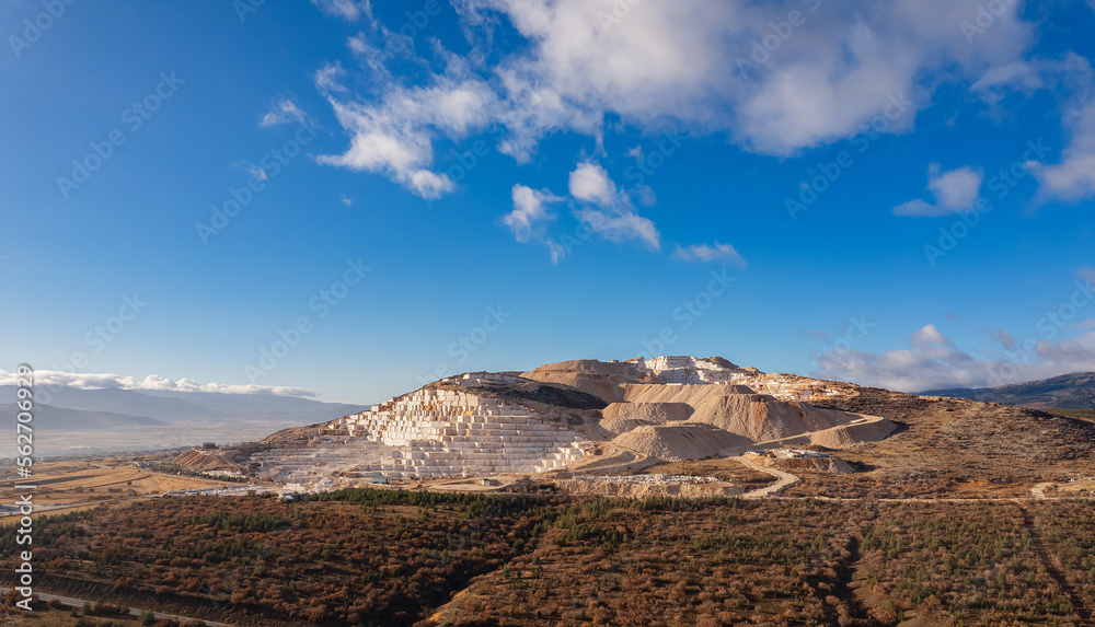 Industry marble quarry and nature landscape, aerial top view Turkey sunlight