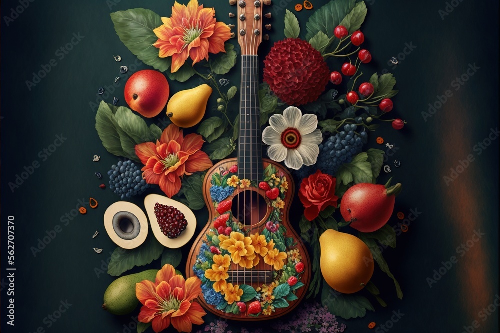 a painting of a guitar surrounded by fruit and flowers on a dark background with a green background and a red rose and a white flower on the top of the guitar is surrounded. Generative AI