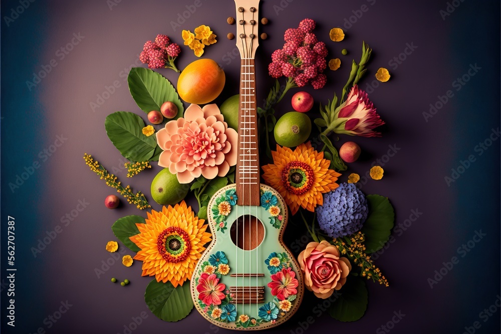  a guitar with flowers and fruit on it is surrounded by leaves and flowers on a purple background with a blue background and a purple background with a blue, a pink and yellow border. Generative AI