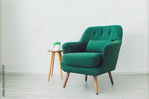 Fashionable armchair in bright and trendy living room interior with vase. Generative ai render.