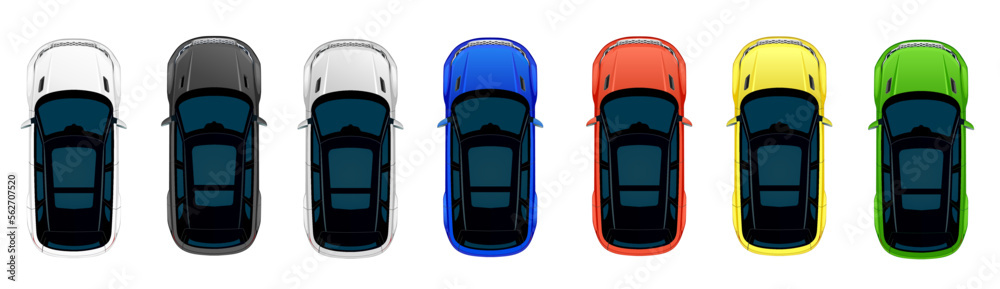 Fototapeta premium SUV auto, of road car top view. Colorful set of vector illustrations of different colors of one car. Vector isolated on white