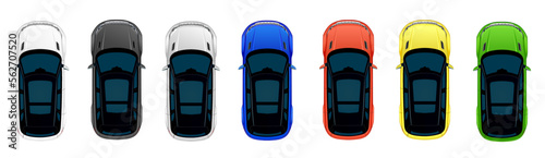 SUV auto, of road car top view. Colorful set of vector illustrations of different colors of one car. Vector isolated on white