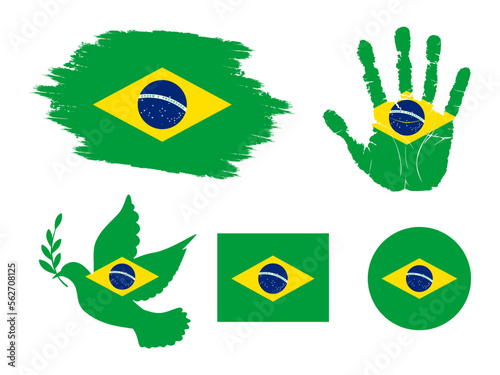 Brazil flag set, flag of Brazil collection. Flag in grunge, Dove, Handprint, square and round shape. vector illustration