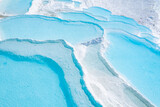 Aerial top view Pamukkale Turkey travertine pools, nature terraces with blue water