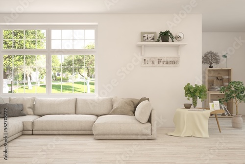 Wallpaper Mural White living room with sofa and summer landscape in window. Scandinavian interior design. 3D illustration Torontodigital.ca