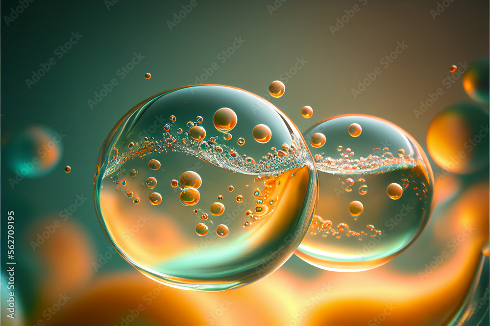 colored molecules and atoms of transparent water bubbles in a cosmetic product for facial skin care, rejuvenation, moisturizing, hyaluronic acid, niacinamide. generative AI