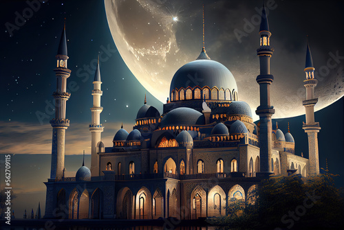Blue mosque at night, ramadan concept beautiful big moon behind the mosque, Generative Ai