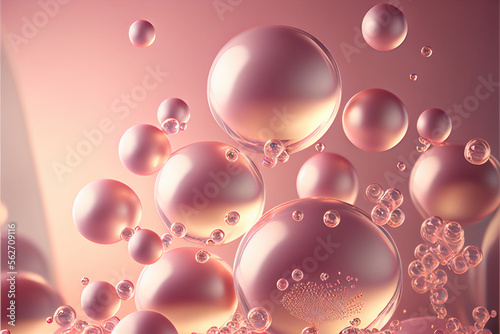 pink mother-of-pearl transparent water bubbles molecules and atoms in a facial skin care cosmetic product, rejuvenation, moisturizing, hyaluronic acid. generative AI photo