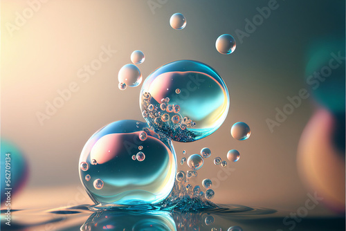 Blue transparent water bubbles molecules and atoms in a facial skin care cosmetic product, rejuvenation, moisturizing, hyaluronic acid. generative AI photo