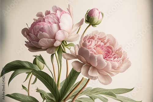 Floral pattern of peonies and roses with green leaves on a light background, vintage boho style, spring and summer wedding party concept. generative AI