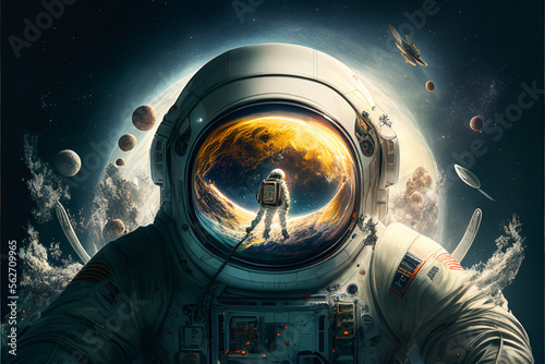 Unrecognizable astronaut dressed in space mission suit outside of earth. Person in an astronaut suit travels through outer space. AI generated.