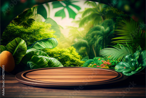 Background with wooden stone pedestal mockup. Natural podium with a tropical palm leaf and shade on a green background. Stand for the promotion of cosmetics  cosmetic products. generative AI
