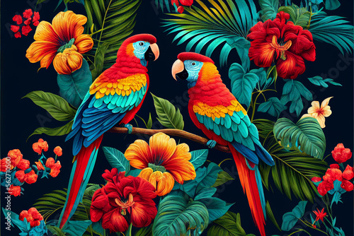 Tropical colored cockatoos and macaws in the leaves of exotic flowers and palm trees on a dark background, a pair of parrots in a beautiful forest. generative AI © VICHIZH