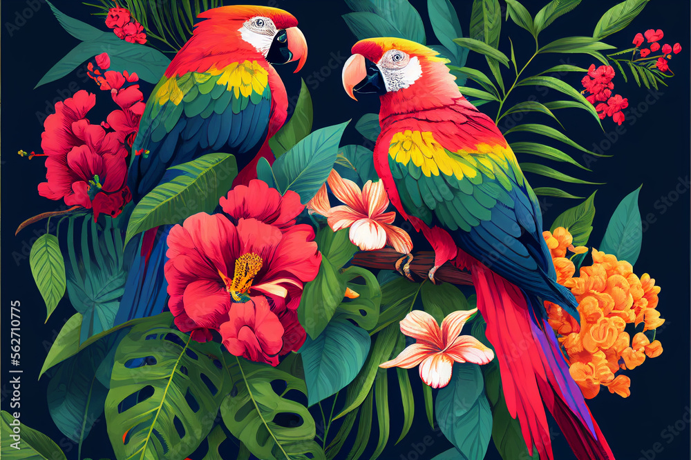 Obraz premium Tropical colored cockatoos and macaws in the leaves of exotic flowers and palm trees on a dark background, a pair of parrots in a beautiful forest. generative AI