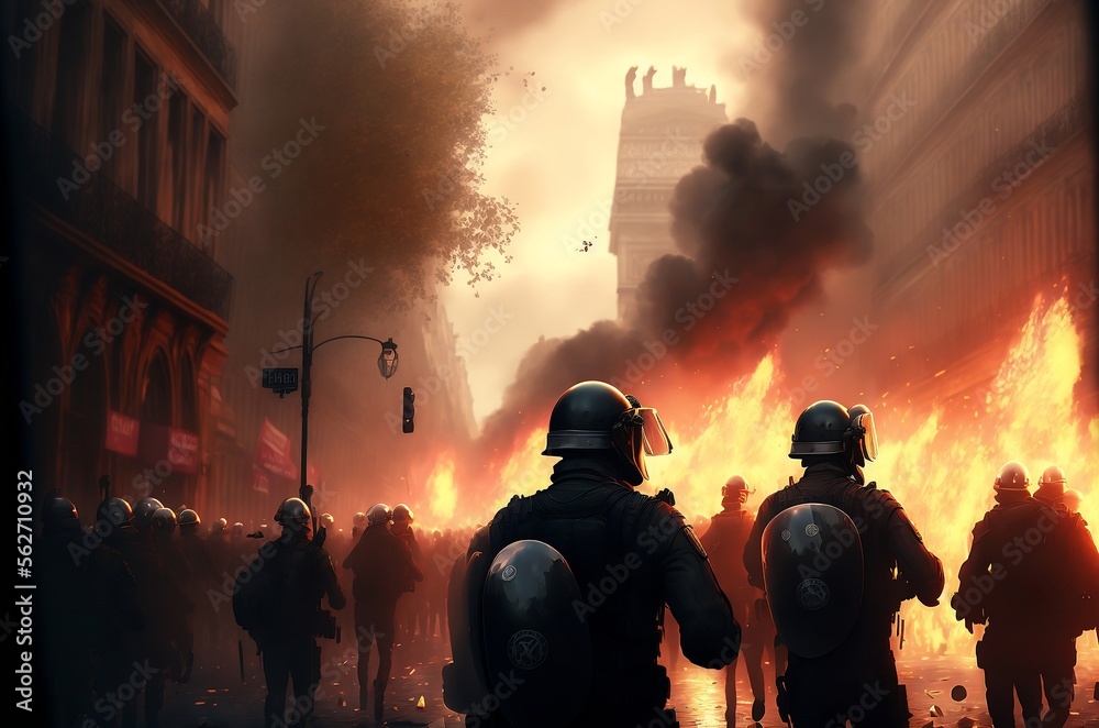 Grande manifestation dans les rues de Paris avec feu et fumée - illustration IA