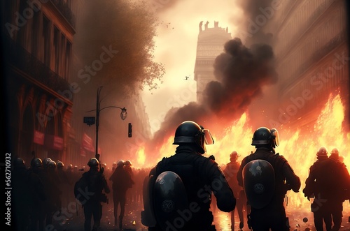 Grande manifestation dans les rues de Paris avec feu et fumée - illustration IA