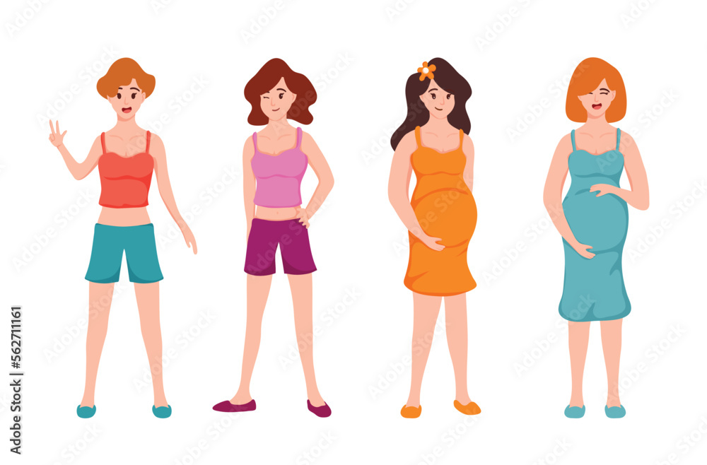 Same emotion but different style of Two Pregnant women and two young ladies in cartoon character