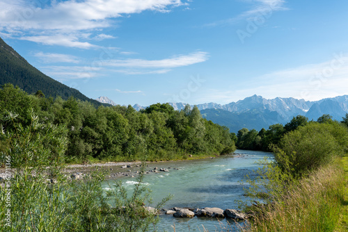 the Loisach river in Bavaria with a view to the Alps  