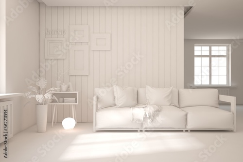 Mock up of minimalist living room in white color with sofa. Scandinavian interior design. 3D illustration