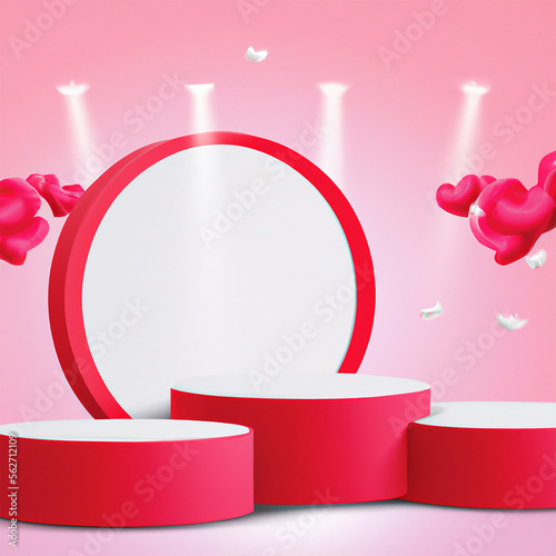 3D pink love product podium with hearts and displays created with Generative AI technologie