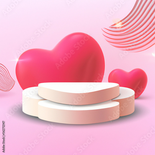 3D pink love product podium with hearts and displays created with Generative AI technologie