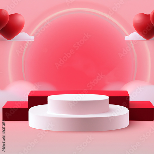 3D pink love product podium with hearts and displays created with Generative AI technologie