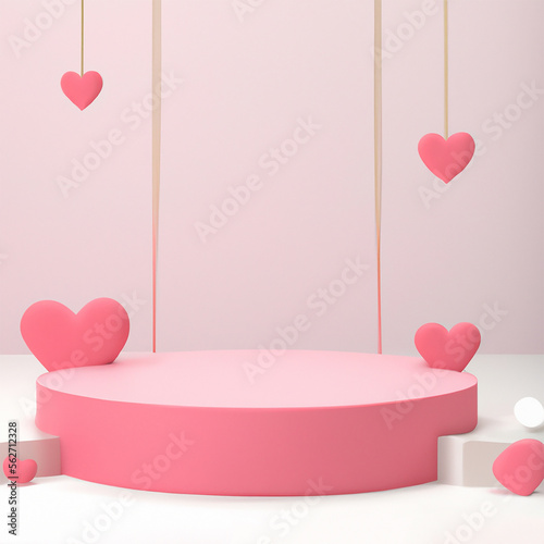 3D pink love product podium with hearts and displays created with Generative AI technologie