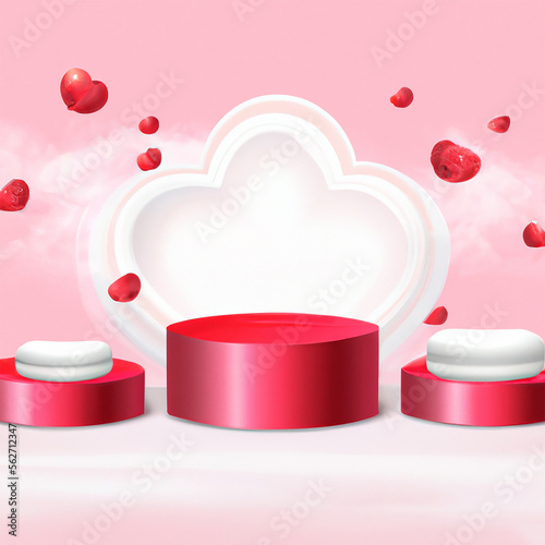 3D pink love product podium with hearts and displays created with Generative AI technologie