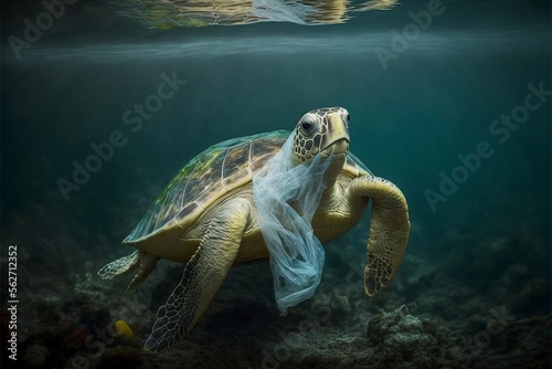 Turtle with plastic in the polluted sea. Created with Generative AI technology