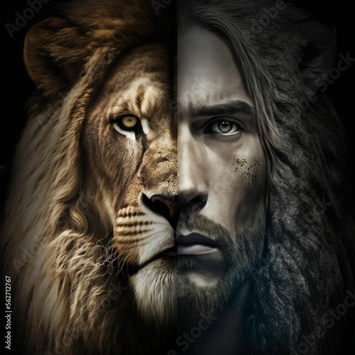 Canvas-taulu FACE OF JESUS ​​CHRIST AND A LION
