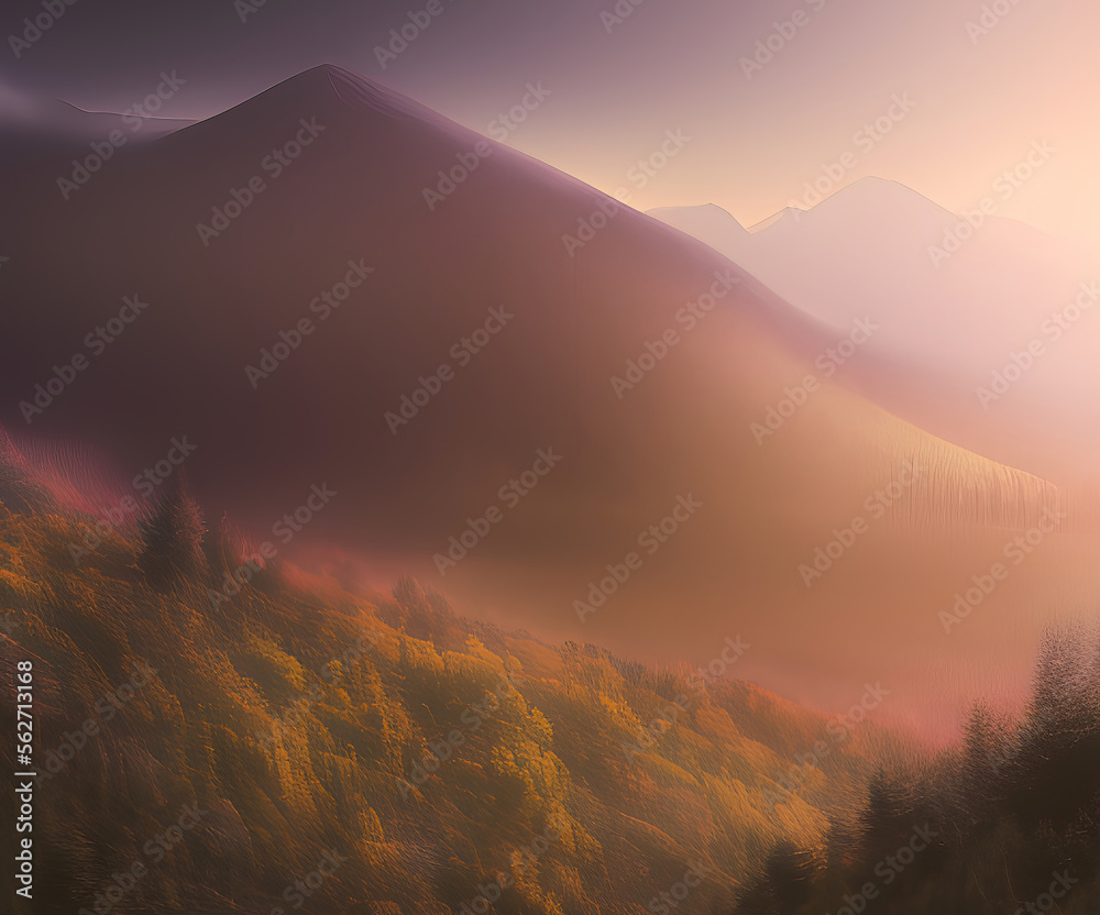 Illustration of a wild abandoned landscape in mountains with trees and fog on a morning. Created with generative AI technology.