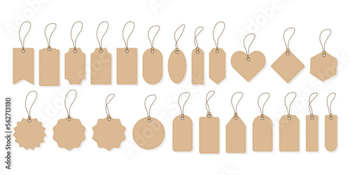 Blank kraft paper price tags. Gift tags in different shapes. Set of labels with cord. Blank labels template. Promotional sale badge. Vector illustration