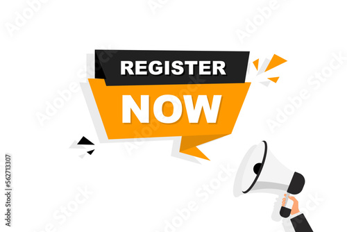 Register now badge vector isolated on white. Vector banner for registration in services, blogs, websites. Vector banner register now with megaphone