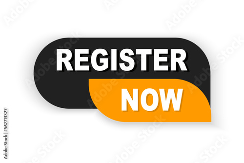 Register now badge vector isolated on white. Vector button for registration in services, blogs, websites.