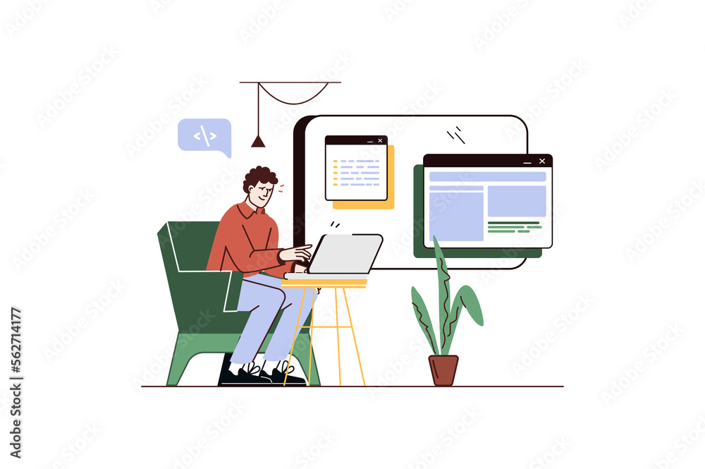 Web development concept with people scene in flat cartoon design. Man creates new algorithms for applications and sites using laptop and programming language. Web development concept with people scene in flat cartoon design. Man creates new algorithms for applications and sites using laptop and programming language.
